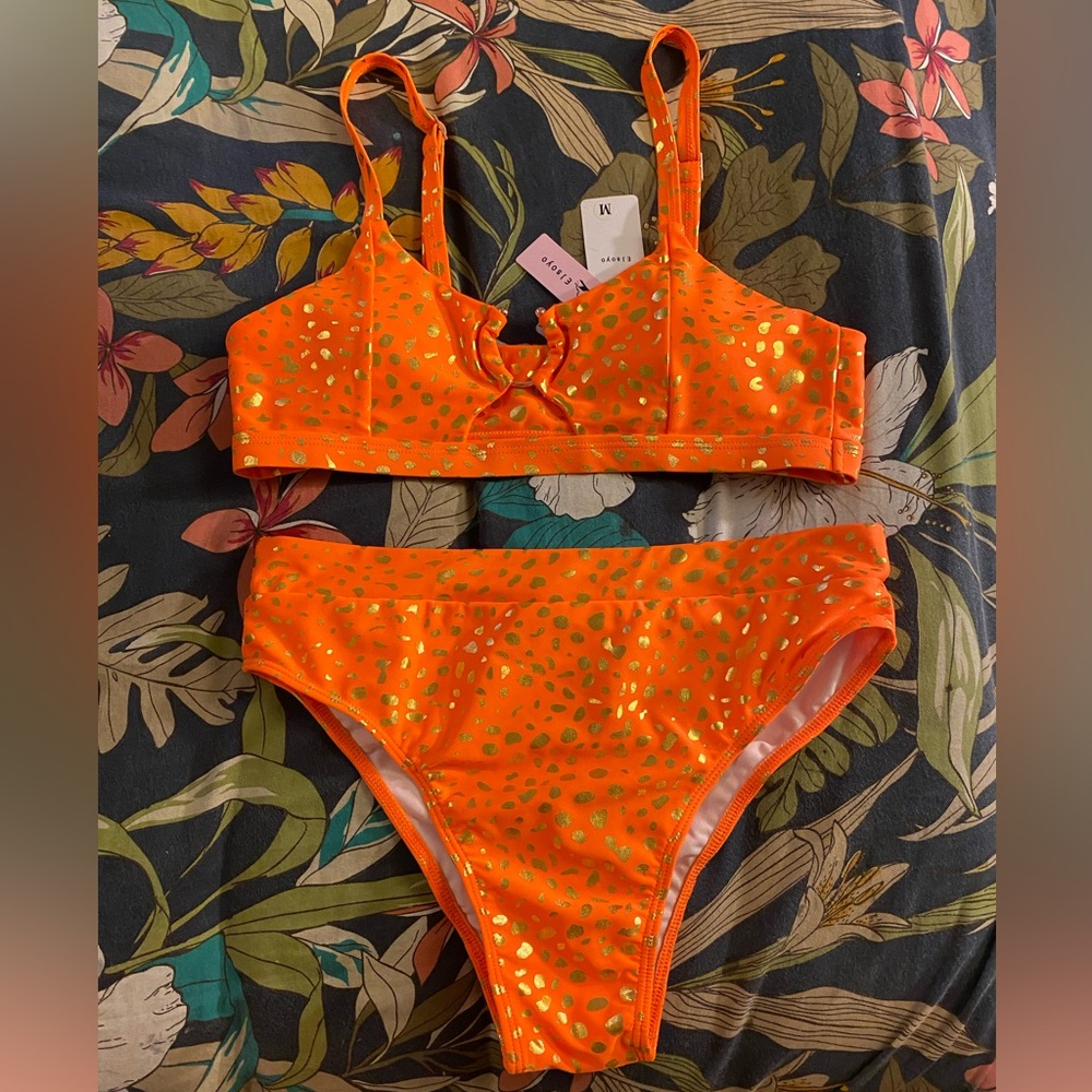 Ejsoyo Neon Orange High Waisted Bikini W Gold Leopard Print Metal Ring Detail M